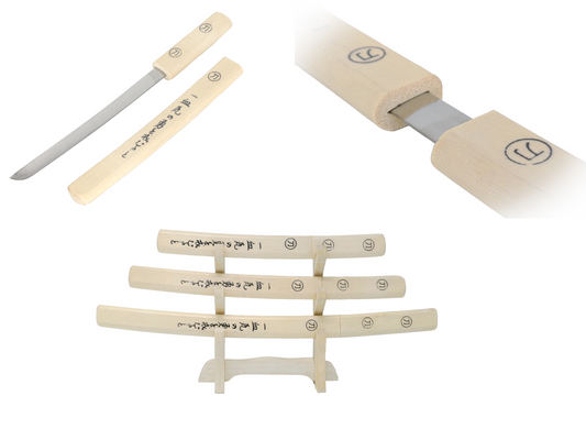 BEIGE JAPANESE SAMURAI MINIATURE TRIPLE SWORD SET