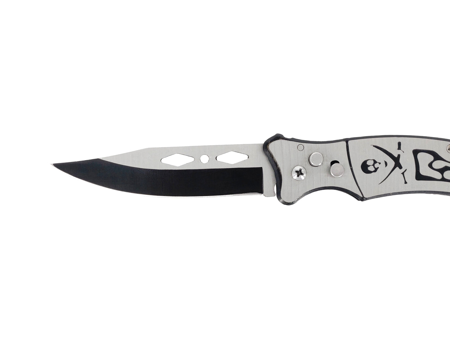 BLACK AND SILVER SKELETON ENGRAVED FOLDING KNIFE WITH SAFETY LOCK