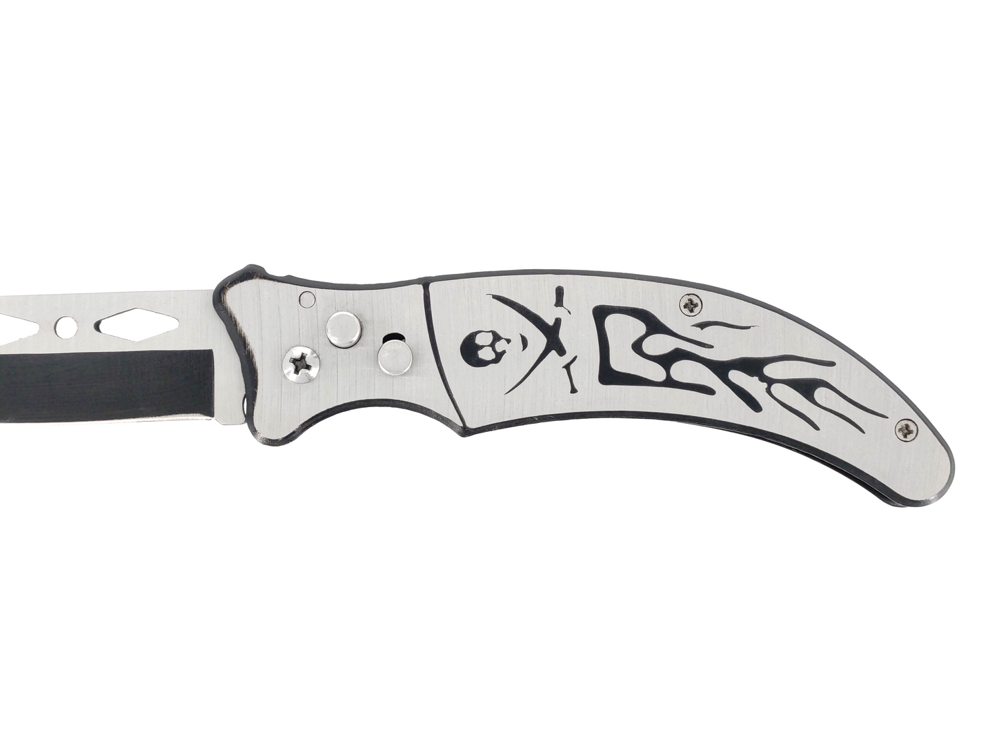BLACK AND SILVER SKELETON ENGRAVED FOLDING KNIFE WITH SAFETY LOCK