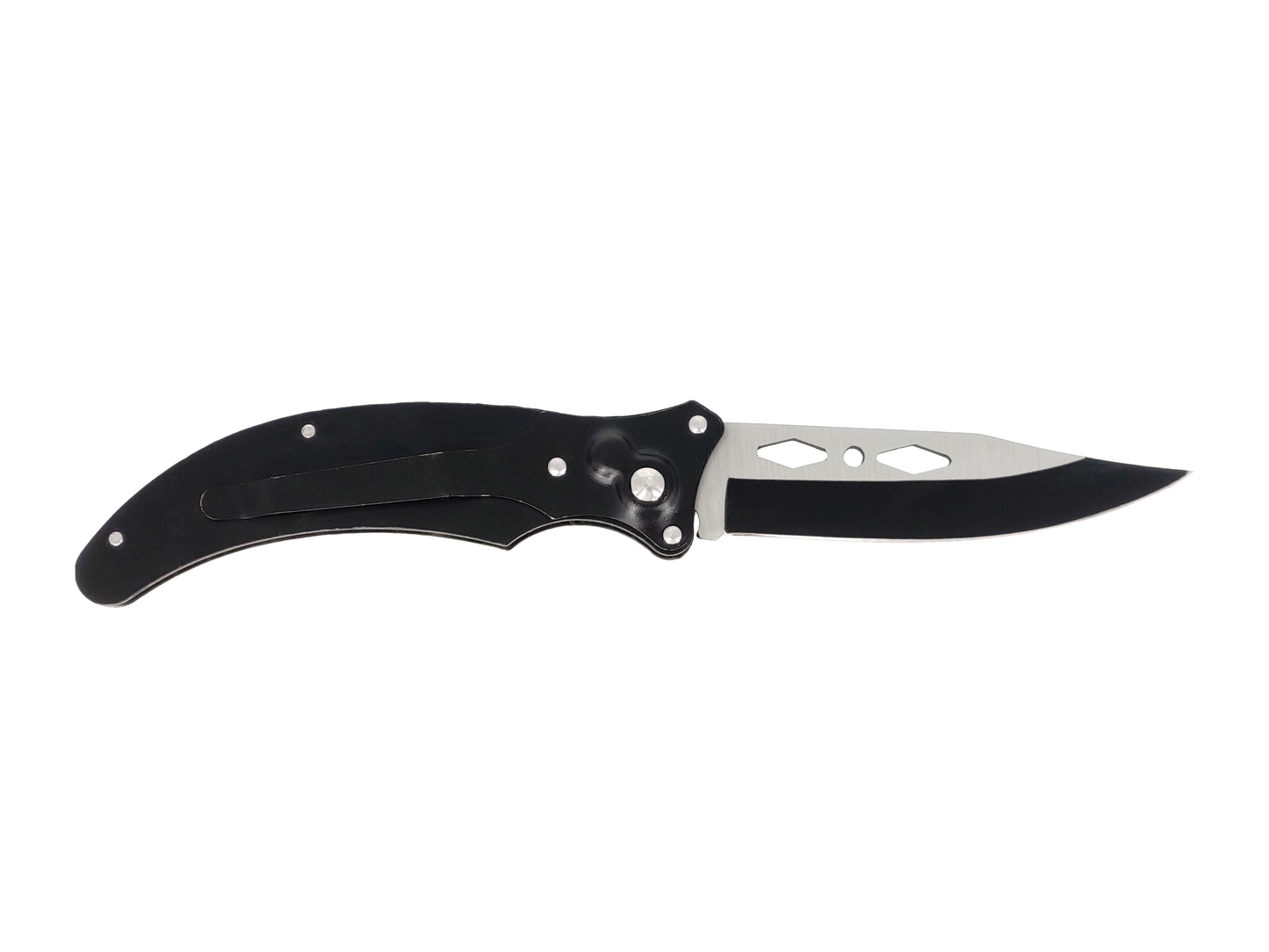 BLACK AND SILVER SKELETON ENGRAVED FOLDING KNIFE WITH SAFETY LOCK