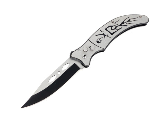 BLACK AND SILVER SKELETON ENGRAVED FOLDING KNIFE WITH SAFETY LOCK