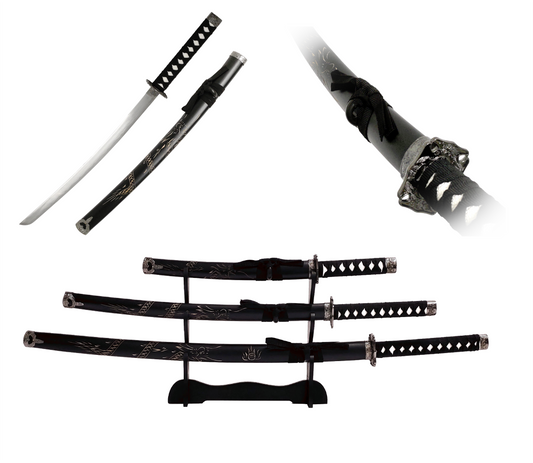 BLACK WOOD CARVING DRAGON JAPANESE SAMURAI TRIPLE SWORD SET