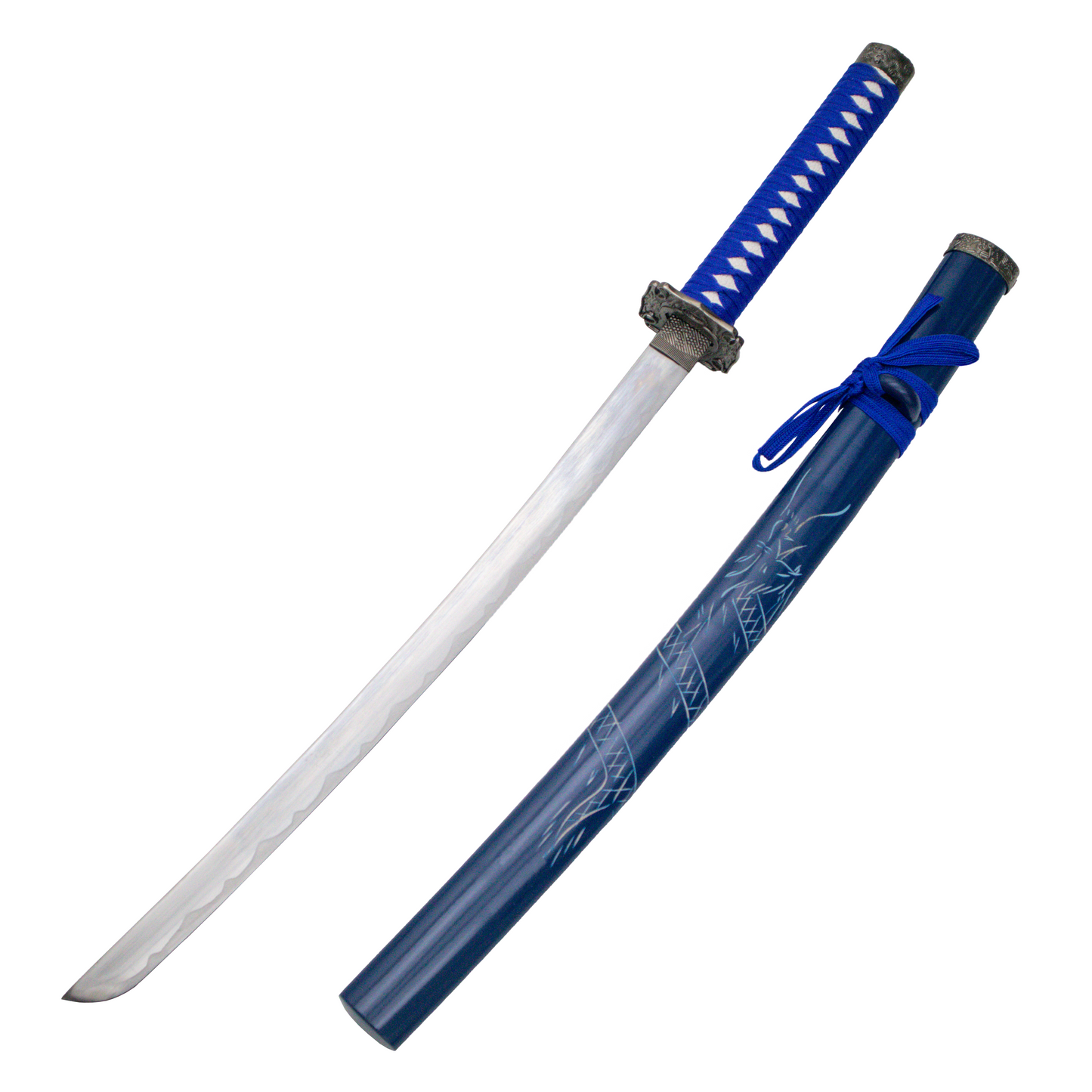 BLUE ENGRAVED DRAGON JAPANESE SAMURAI TRIPLE SWORD SET