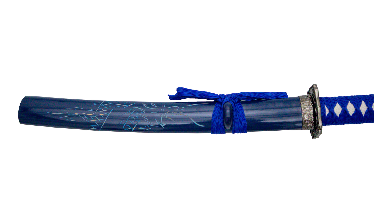 BLUE ENGRAVED DRAGON JAPANESE SAMURAI TRIPLE SWORD SET