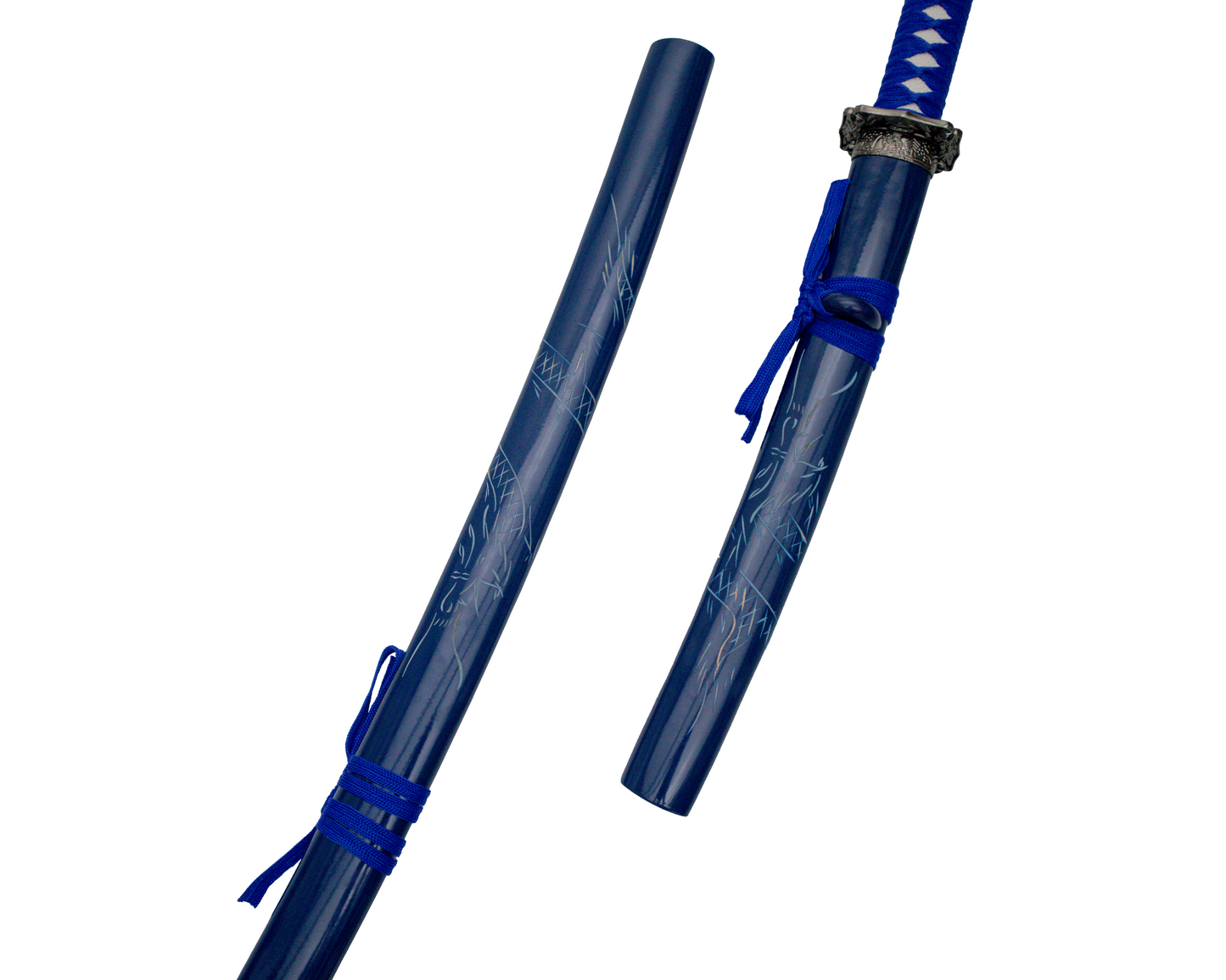 BLUE ENGRAVED DRAGON JAPANESE SAMURAI TRIPLE SWORD SET
