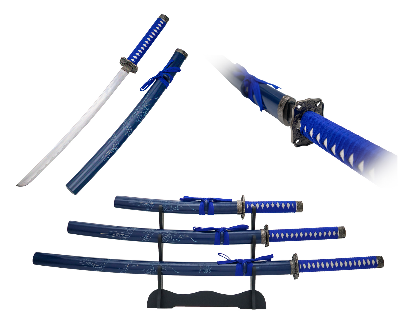 BLUE ENGRAVED DRAGON JAPANESE SAMURAI TRIPLE SWORD SET