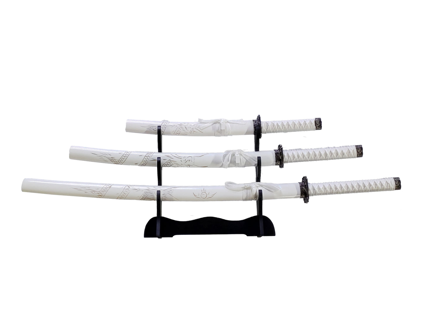 WHITE ENGRAVED DRAGON JAPANESE SAMURAI TRIPLE SWORD SET