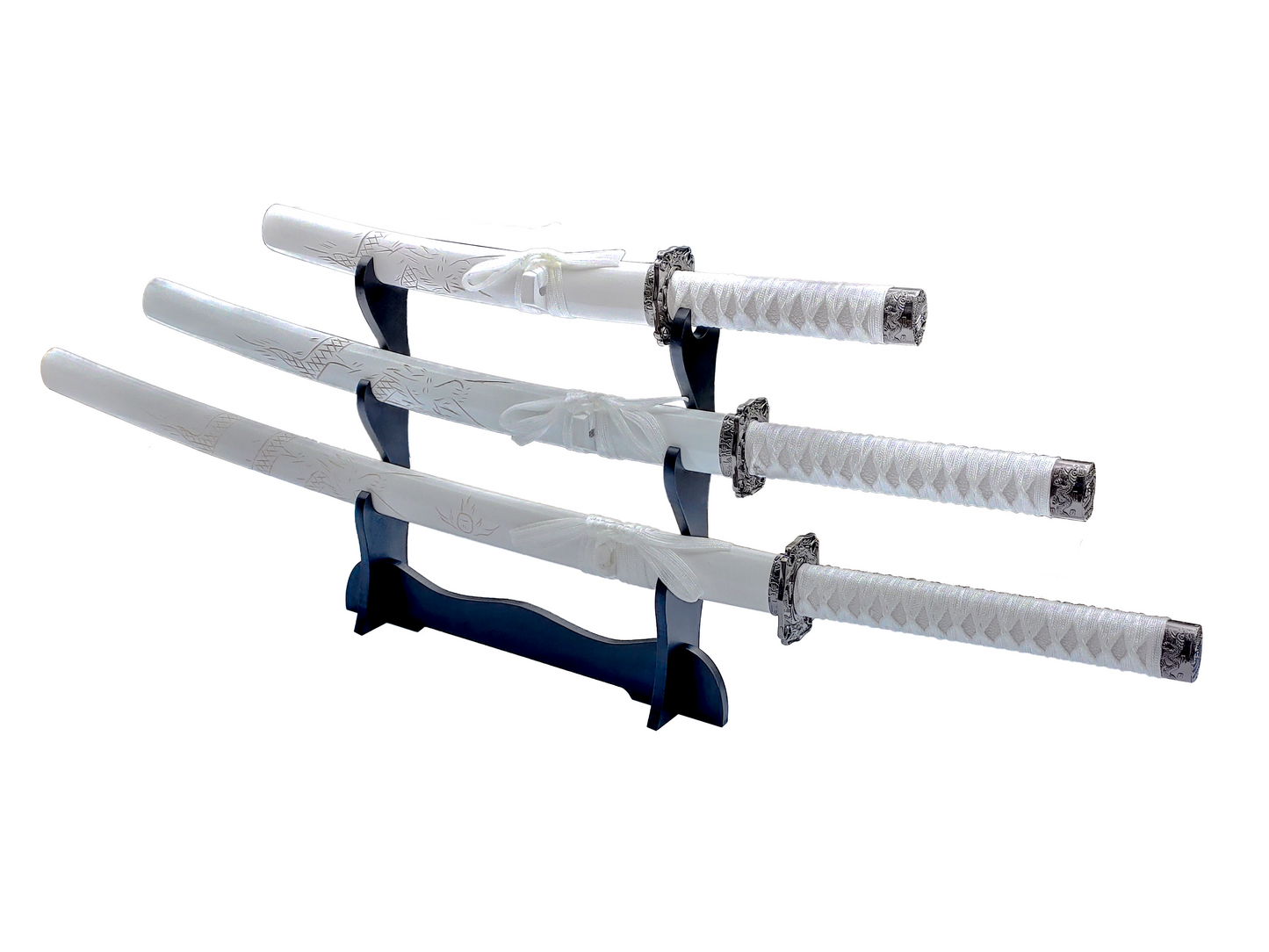 WHITE ENGRAVED DRAGON JAPANESE SAMURAI TRIPLE SWORD SET