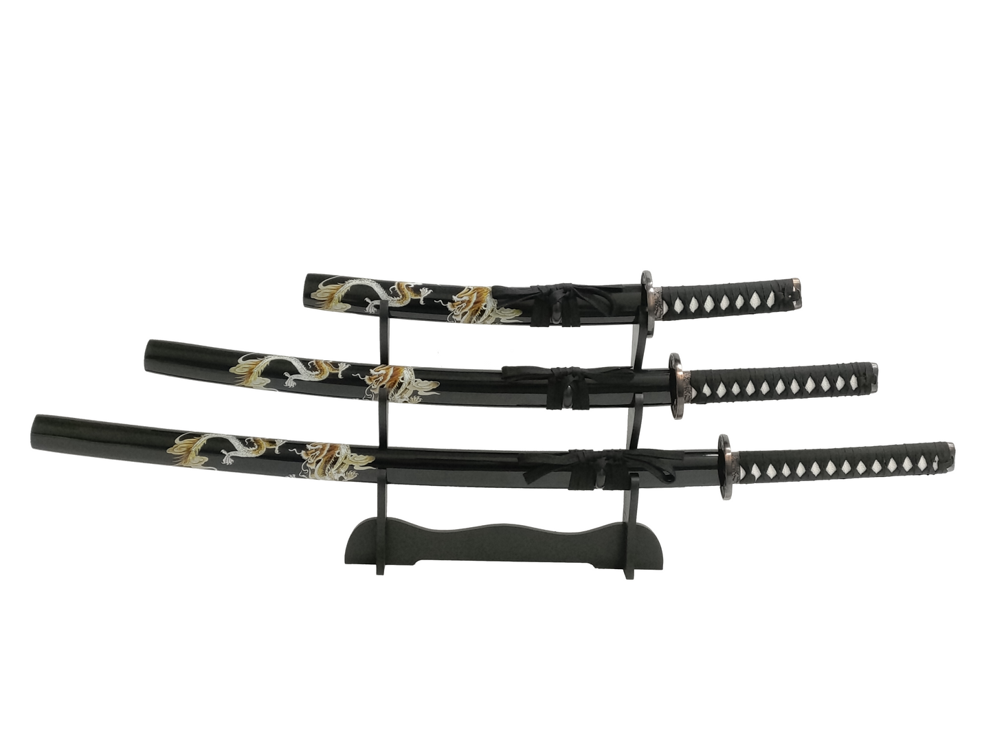 GOLD DRAGON JAPANESE SAMURAI TRIPLE SWORD SET