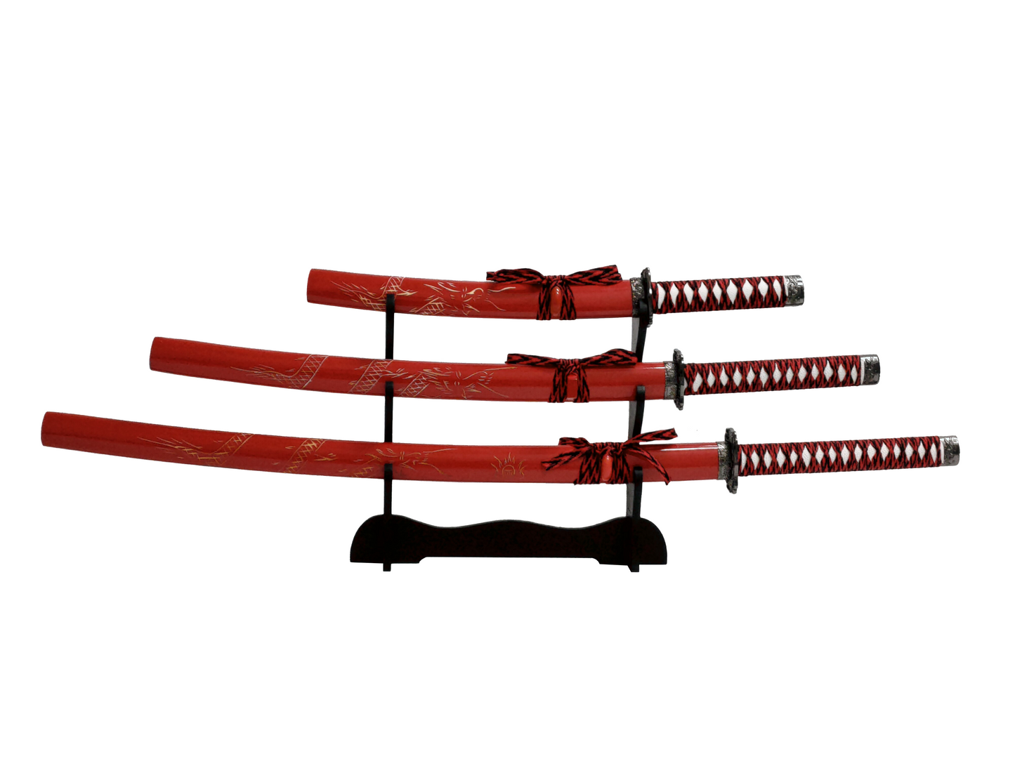 RED WOOD CARVING DRAGON JAPANESE SAMURAI TRIPLE SWORD SET