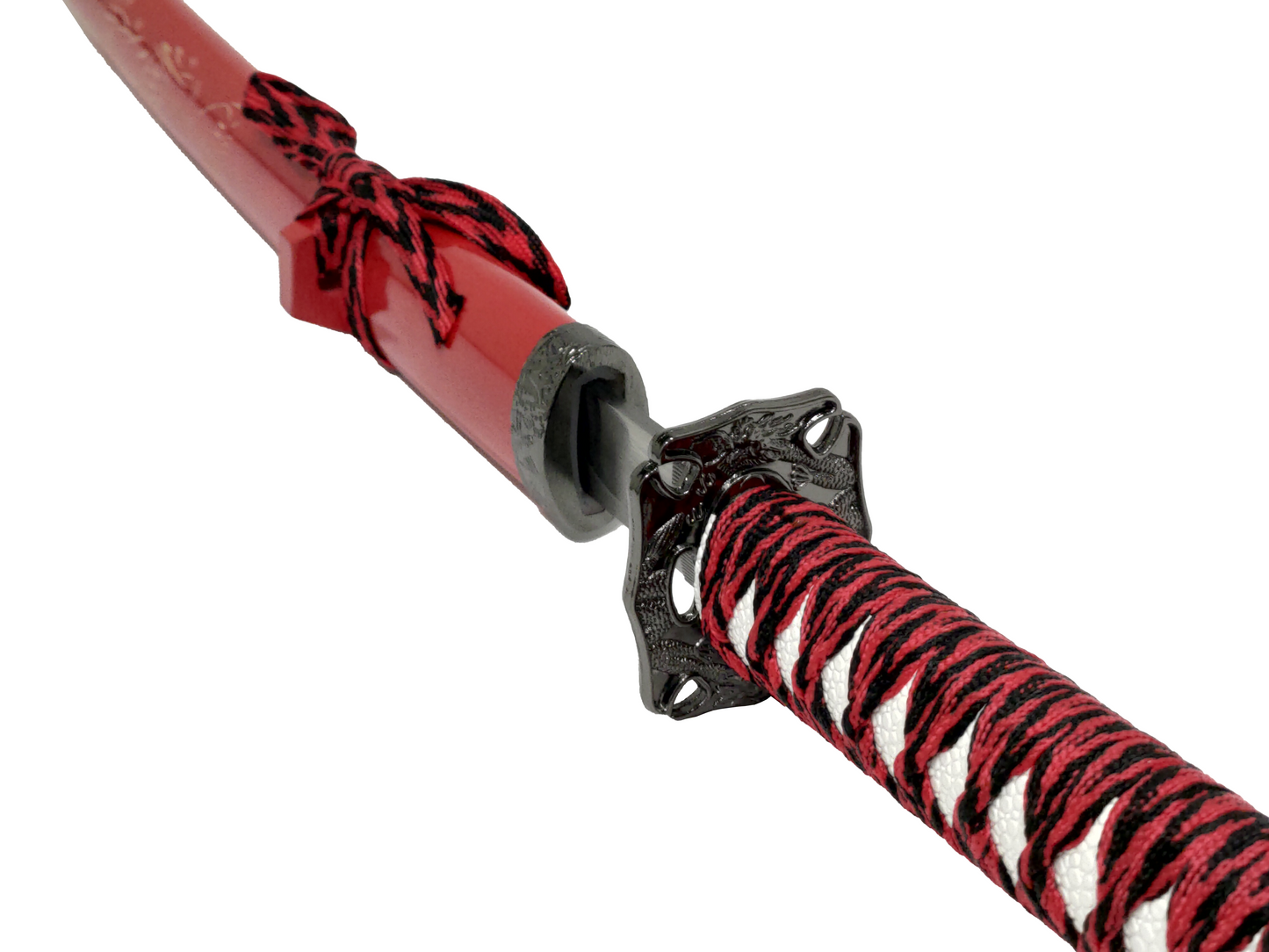 RED WOOD CARVING DRAGON JAPANESE SAMURAI TRIPLE SWORD SET