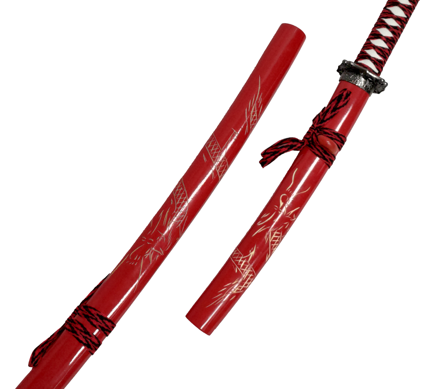 RED WOOD CARVING DRAGON JAPANESE SAMURAI TRIPLE SWORD SET