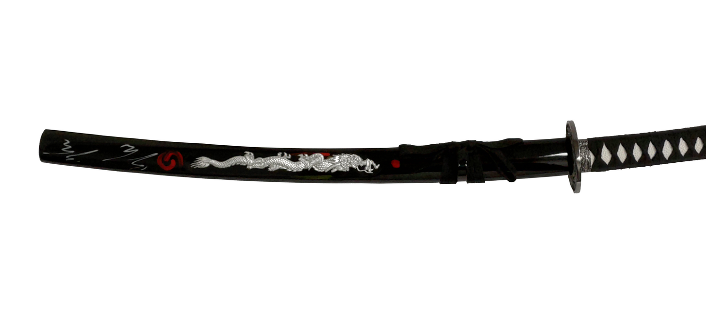 DUAL HOLOGRAPHIC SILVER FIGHTING DRAGON BLACK KATANA DOUBLE SWORD SET WITH STAND