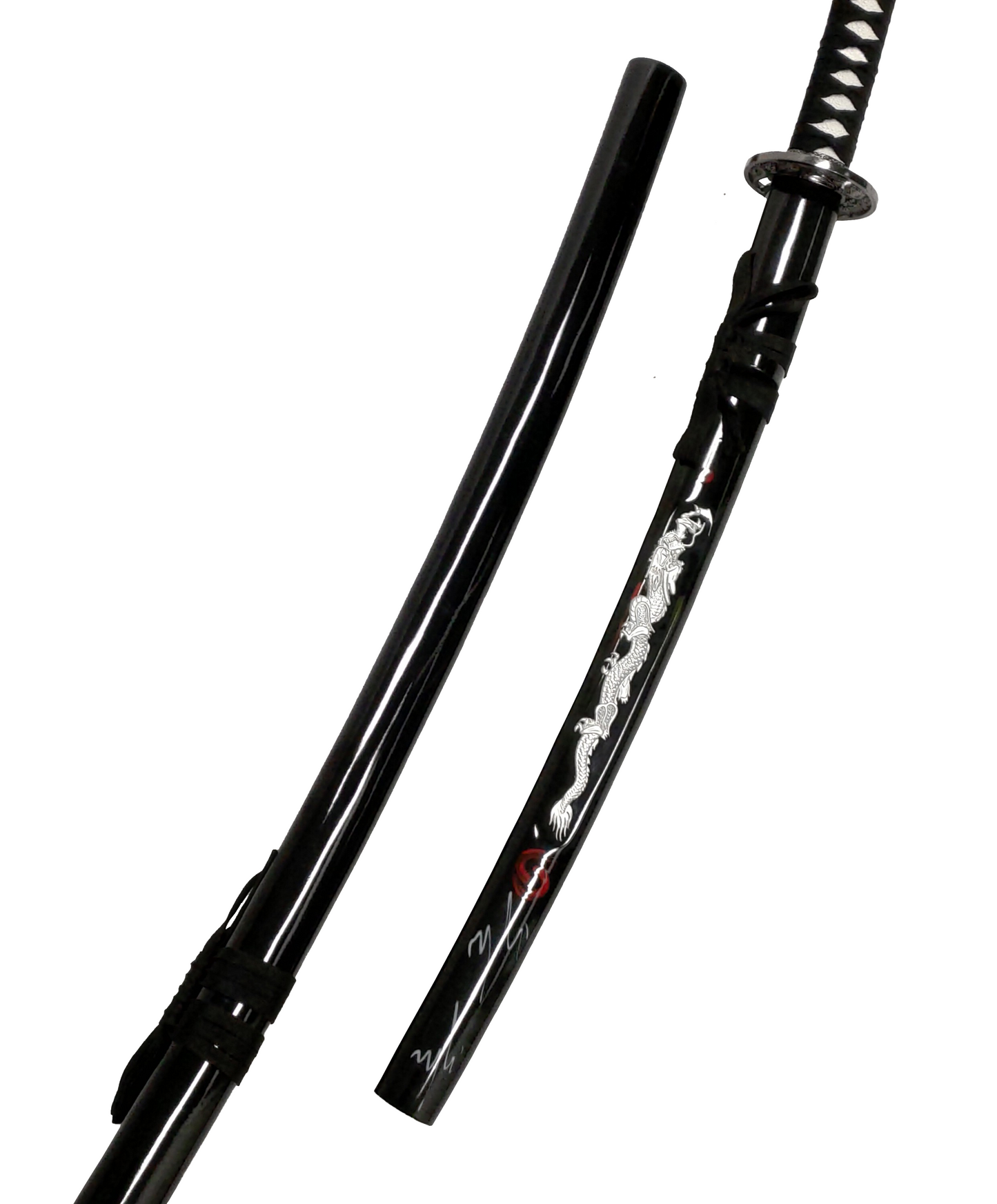 DUAL HOLOGRAPHIC SILVER FIGHTING DRAGON BLACK KATANA DOUBLE SWORD SET WITH STAND