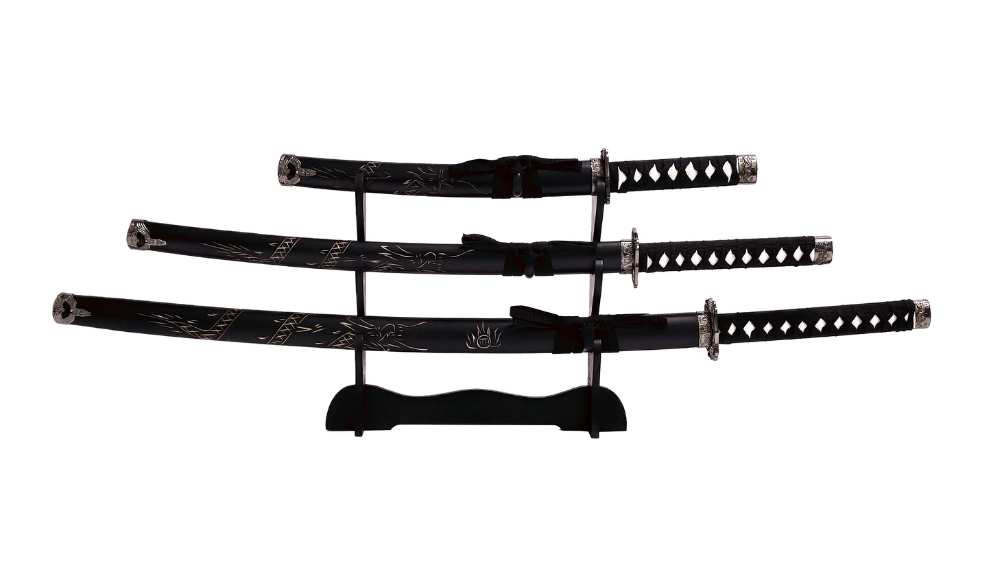 BLACK WOOD CARVING DRAGON JAPANESE SAMURAI TRIPLE SWORD SET