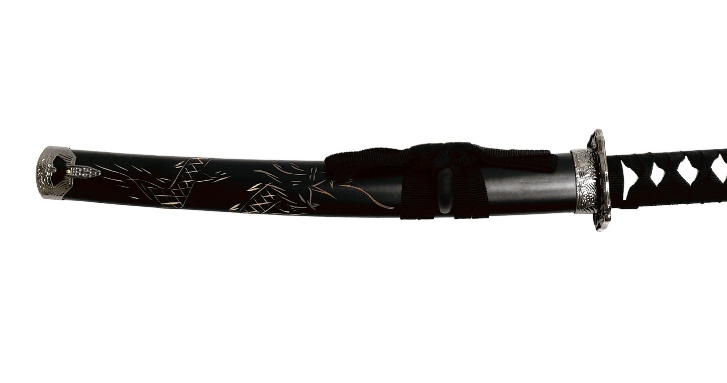 BLACK WOOD CARVING DRAGON JAPANESE SAMURAI TRIPLE SWORD SET
