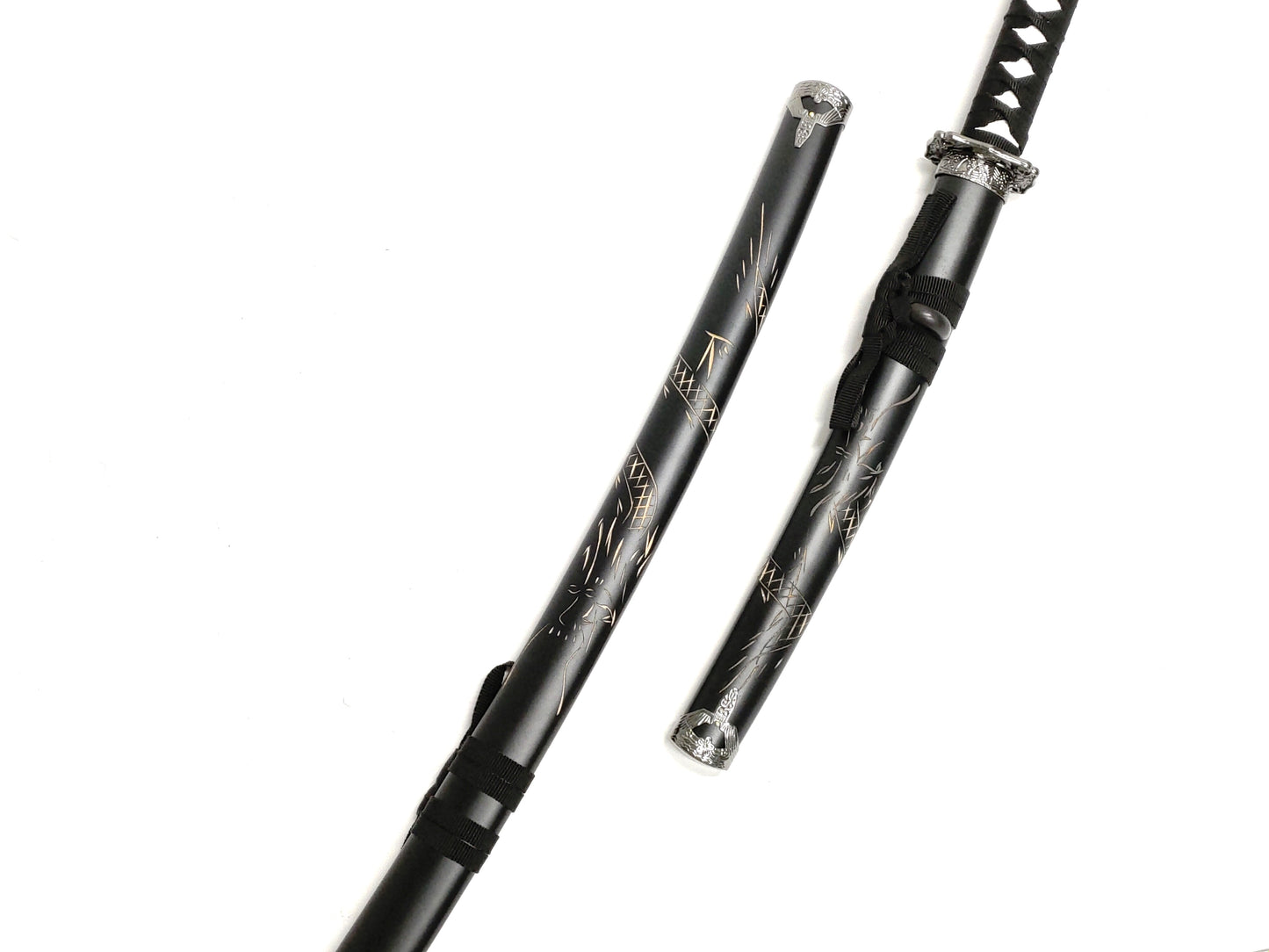 BLACK WOOD CARVING DRAGON JAPANESE SAMURAI TRIPLE SWORD SET