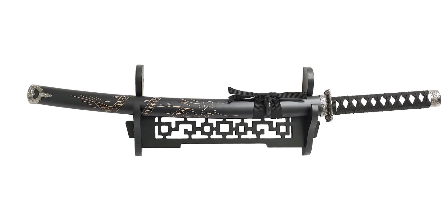 BLACK WOOD CLASSICAL HOLLOW PATTERN PREMIUM SINGLE SWORD DISPLAY STAND FOR SAMURAI & KATANA SWORDS