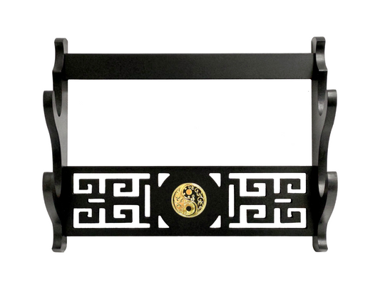 BLACK WOOD VINTAGE HOLLOW PATTERN PREMIUM DOUBLE SWORD WALL MOUNTED DISPLAY STAND FOR SAMURAI & KATANA SWORDS