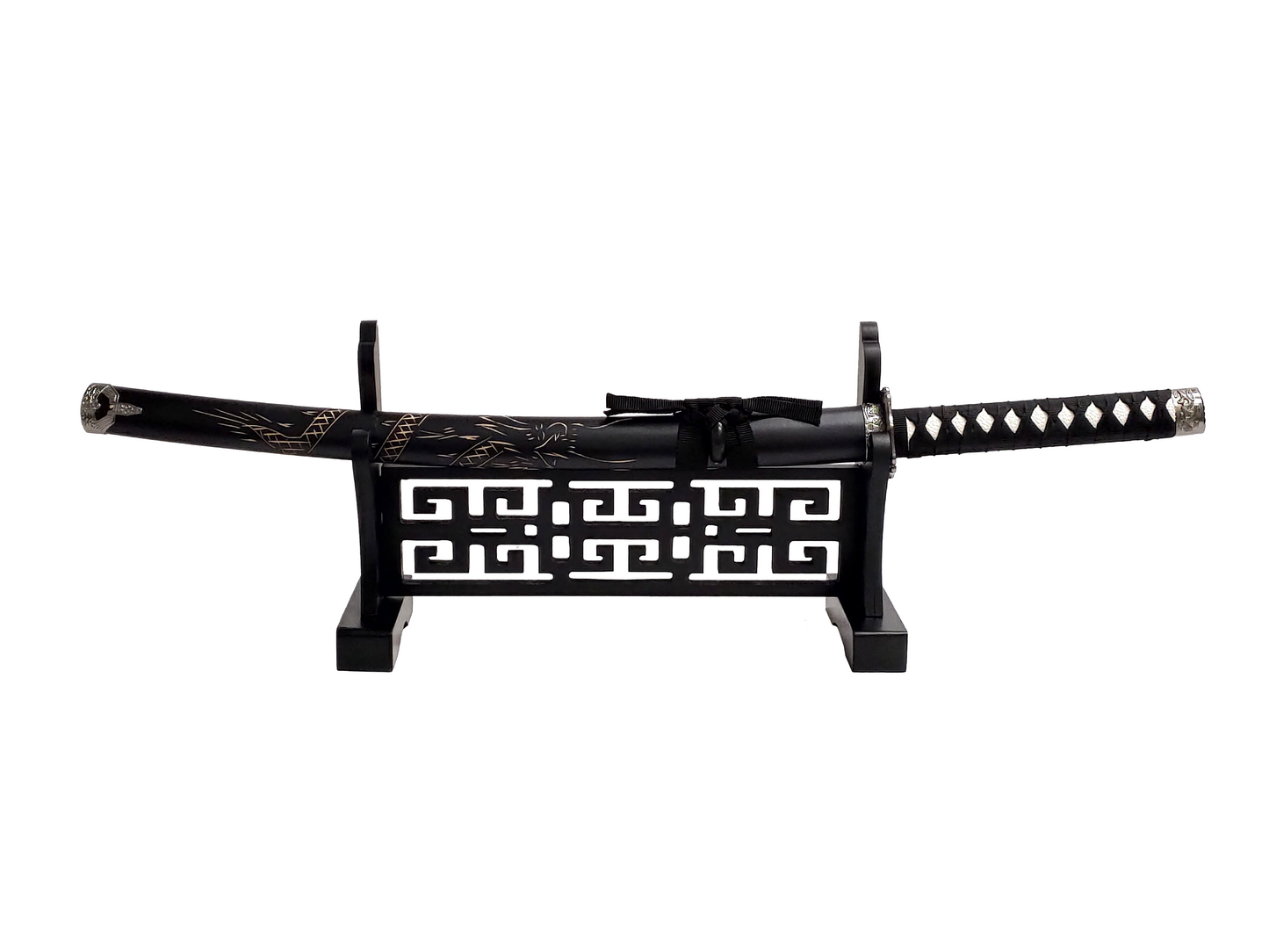 BLACK WOOD VINTAGE HOLLOW PATTERN PREMIUM SINGLE SWORD DISPLAY STAND FOR SAMURAI & KATANA SWORDS