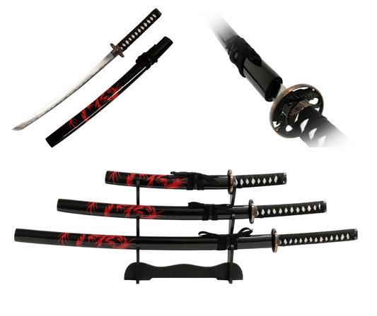RED DRAGON JAPANESE SAMURAI TRIPLE SWORD SET