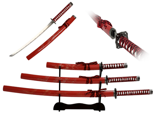RED WOOD CARVING DRAGON JAPANESE SAMURAI TRIPLE SWORD SET