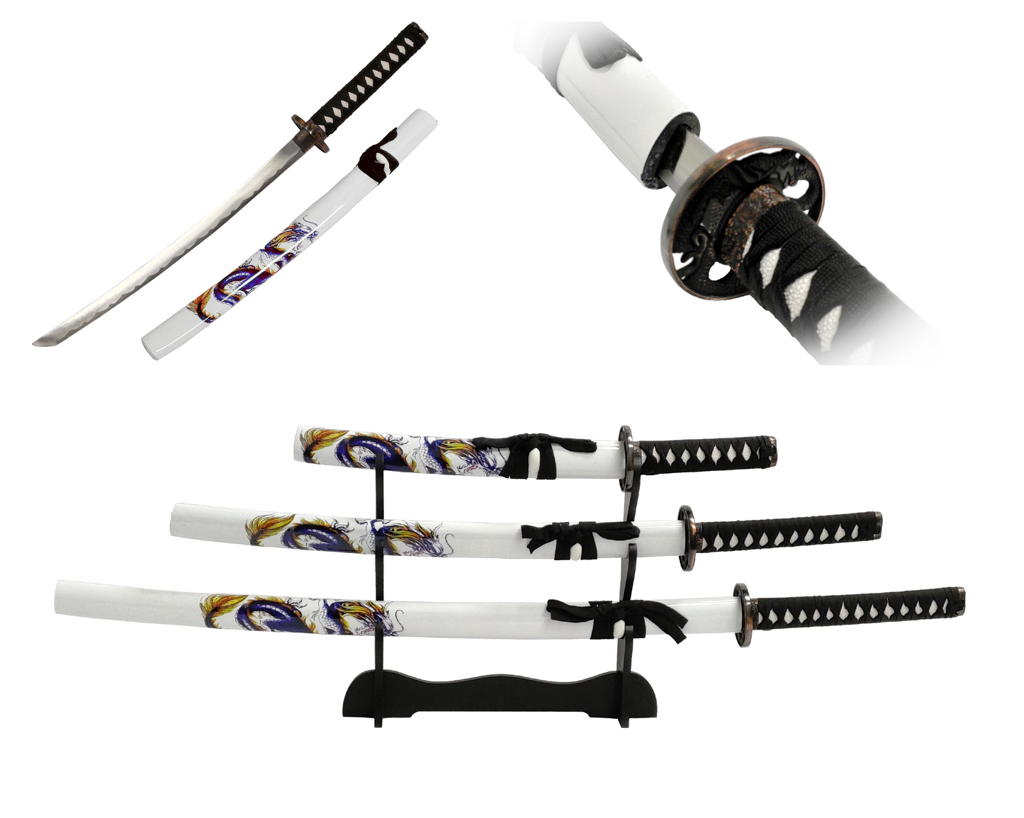 BLUE DRAGON JAPANESE SAMURAI TRIPLE SWORD SET