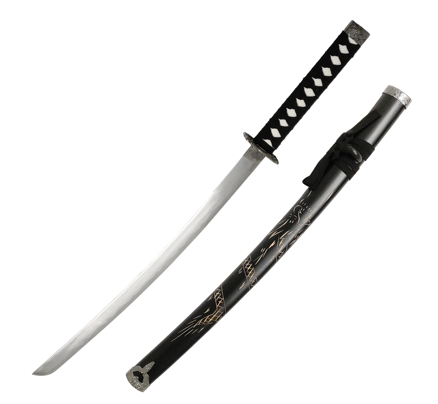 BLACK WOOD CARVING DRAGON JAPANESE SAMURAI TRIPLE SWORD SET