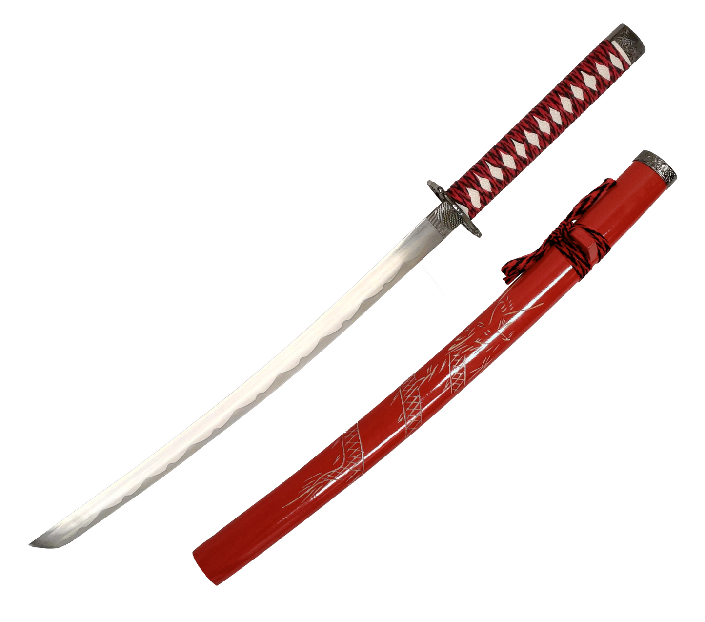 RED WOOD CARVING DRAGON JAPANESE SAMURAI TRIPLE SWORD SET