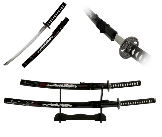 DUAL HOLOGRAPHIC SILVER FIGHTING DRAGON BLACK KATANA DOUBLE SWORD SET WITH STAND