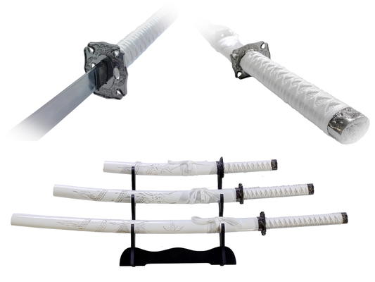 WHITE ENGRAVED DRAGON JAPANESE SAMURAI TRIPLE SWORD SET