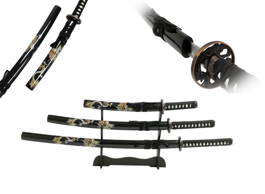 GOLD DRAGON JAPANESE SAMURAI TRIPLE SWORD SET