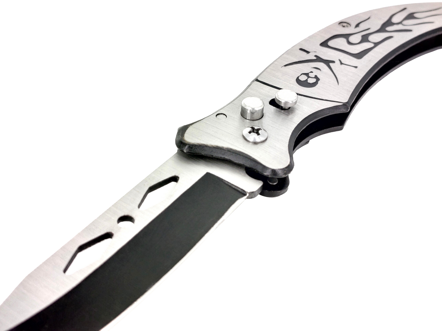 BLACK AND SILVER SKELETON ENGRAVED FOLDING KNIFE WITH SAFETY LOCK