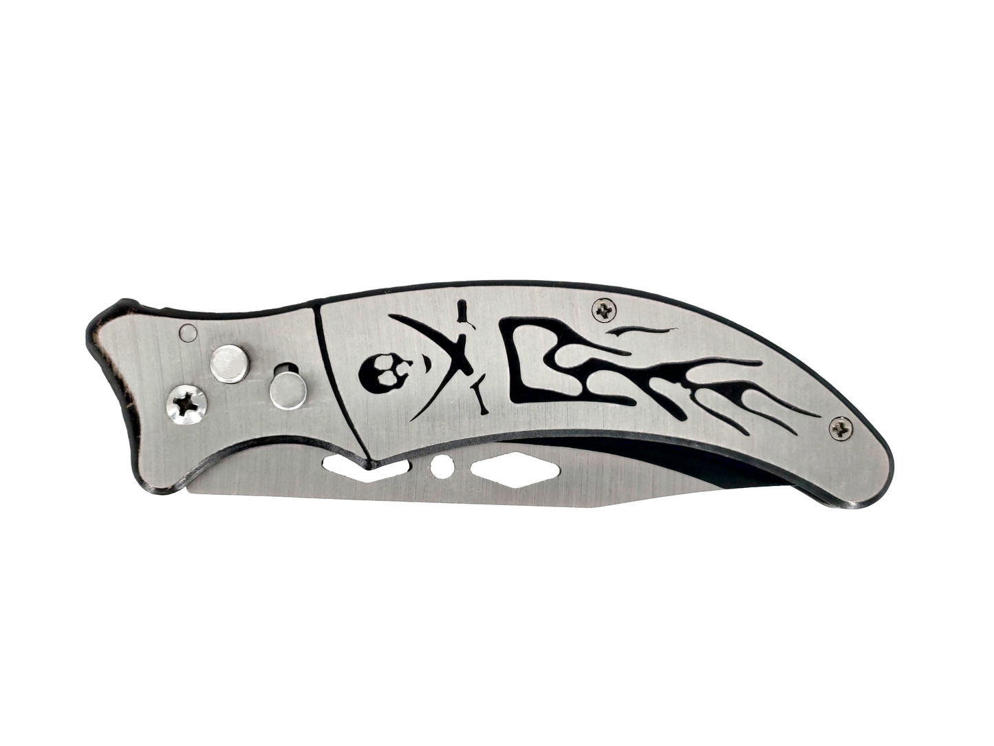 BLACK AND SILVER SKELETON ENGRAVED FOLDING KNIFE WITH SAFETY LOCK