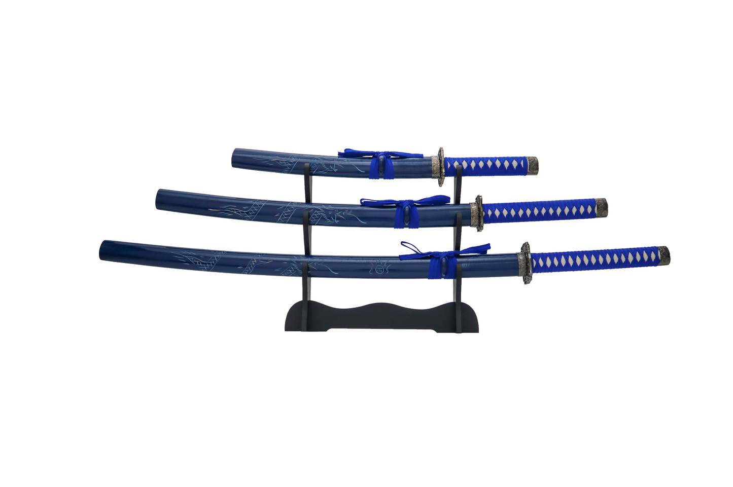 BLUE ENGRAVED DRAGON JAPANESE SAMURAI TRIPLE SWORD SET