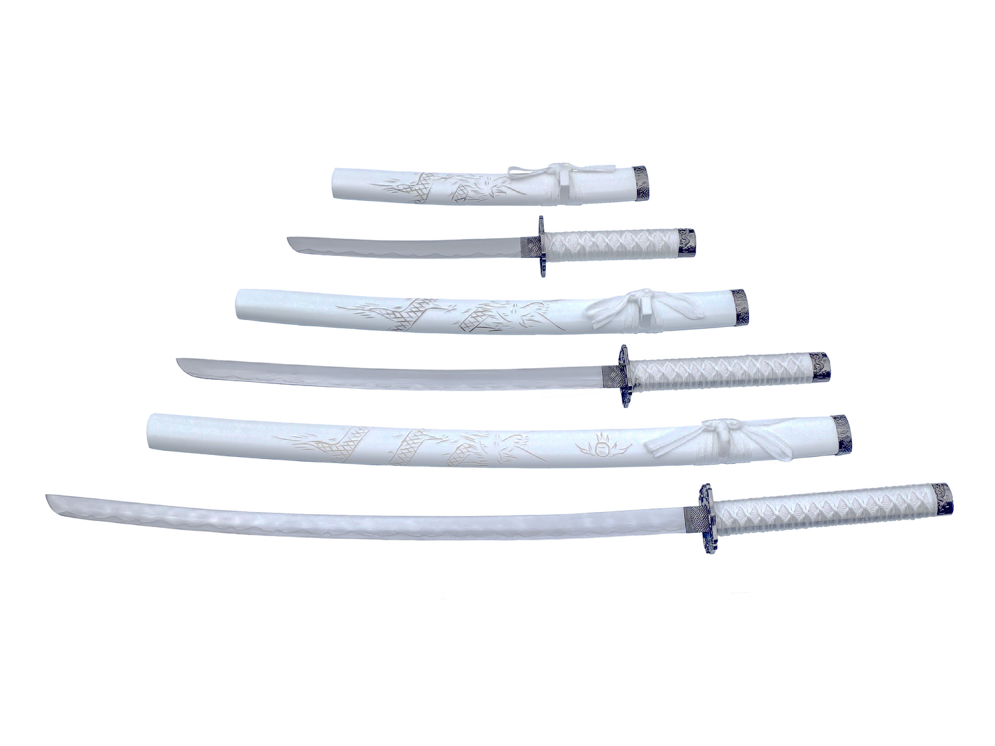 WHITE ENGRAVED DRAGON JAPANESE SAMURAI TRIPLE SWORD SET
