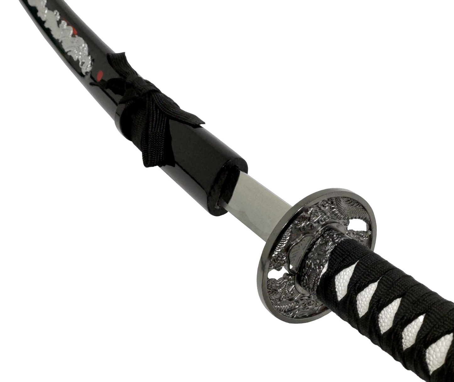DUAL HOLOGRAPHIC SILVER FIGHTING DRAGON BLACK KATANA DOUBLE SWORD SET WITH STAND