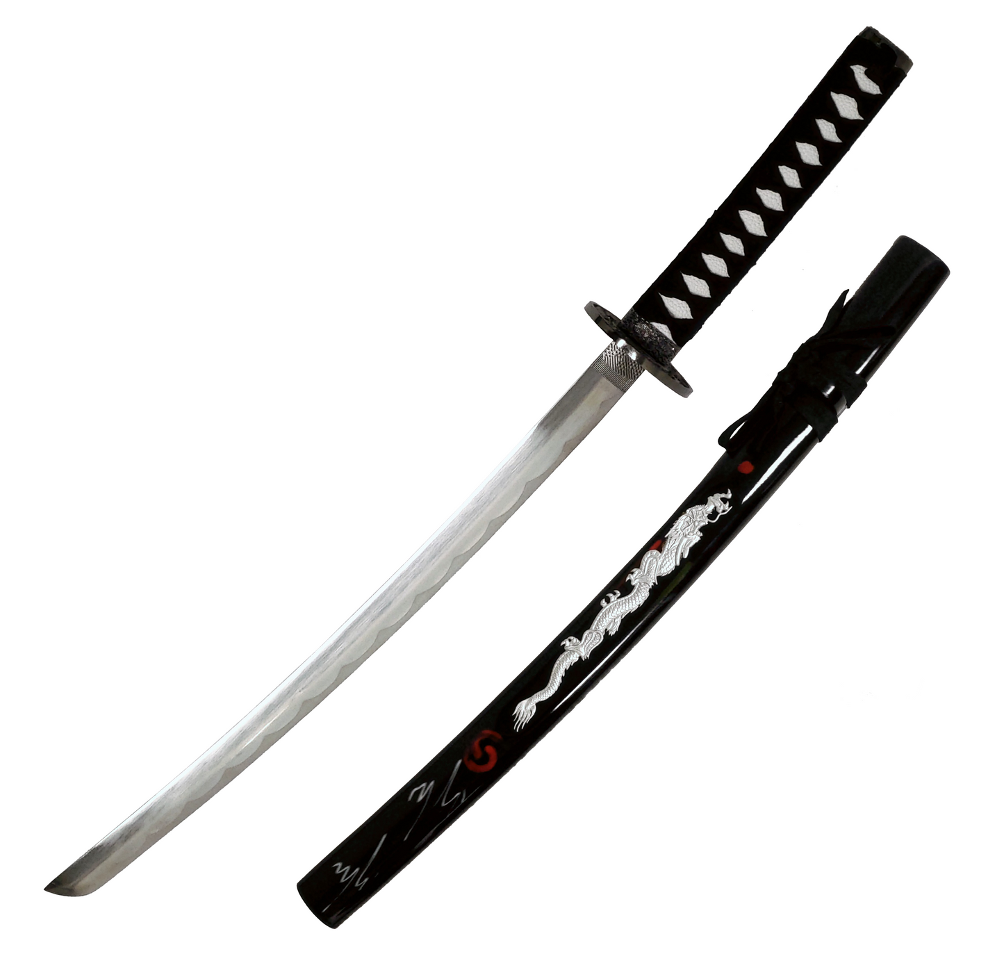 DUAL HOLOGRAPHIC SILVER FIGHTING DRAGON BLACK KATANA DOUBLE SWORD SET WITH STAND
